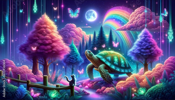 Fototapeta Neon-hued turtle set within a fantastical landscape filled with rainbows