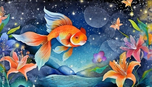 Fototapeta 綺麗な金魚と花火、百合と共に夏の香りを届ける透き通るような水墨画風のイラスト、夜空の壁紙とグラデーション  generated by AI