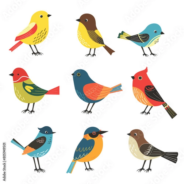 Fototapeta Collection colorful bird illustrations, various species, cartoon style. Birds feature bright plumage red, blue, yellow, orange tones, cheerful design. Set nine different birds, side view, standing