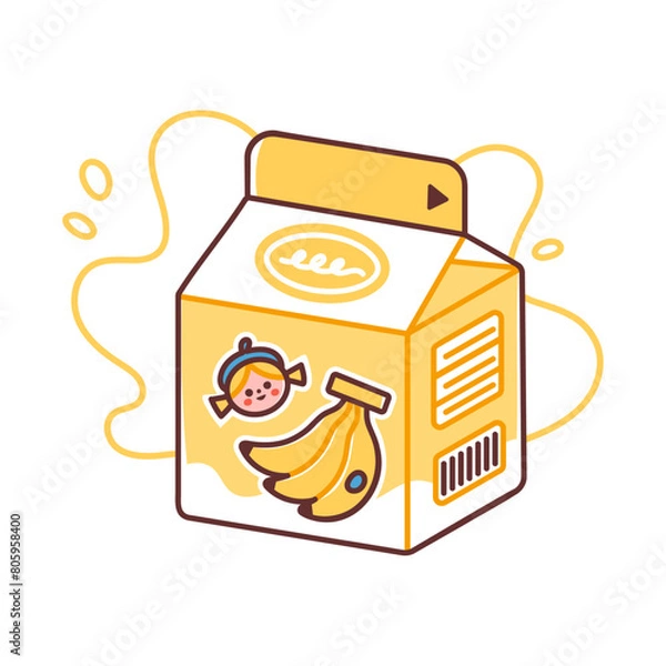 Obraz Banana milk carton on white background. Vector illustration of tasty dairy beverage for kids in cute colorful style. Elements are isolated.