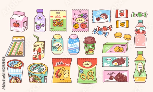 Obraz Snack food including instant ramen, bag of chips, soda cans, chocolate, ice cream, candy pack, biscuits and sweet beverages. Vector illustration of junk food in cute flat style.