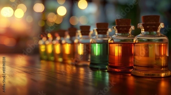 Fototapeta Row of Colorful Glass Bottles with Corks on Wooden Table Under Warm Lights