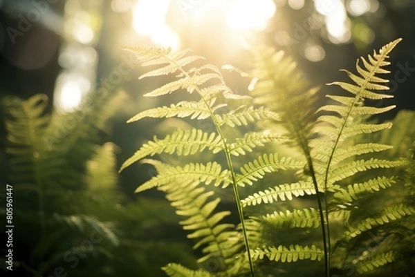 Fototapeta Close-up of ferns with a lens flare effect.