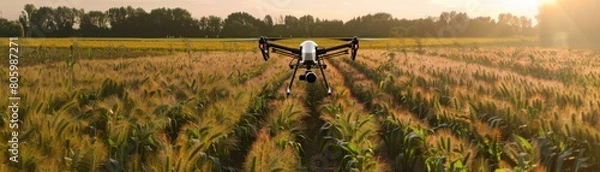 Obraz Drone Technology in Precision Agriculture
A drone flies over a lush agricultural field at sunset, showcasing the integration of advanced technology in modern farming practices.
