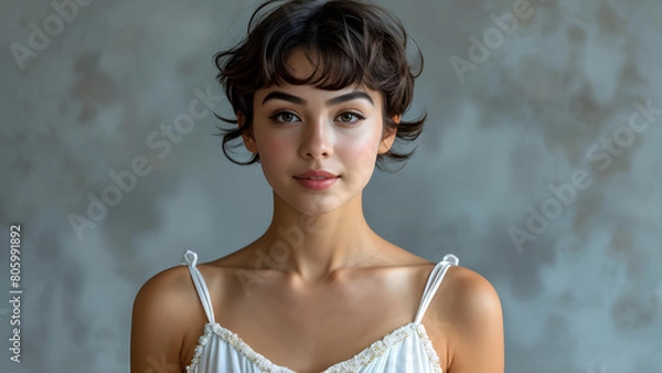Obraz Graceful Pixie Cut for Ballet Athlete, Elegant Hairstyle on Beautiful Ballerina, Stunning Pixie Cut Style for Western Ballet, Beauty in Motion: Western Ballet Athlete with Pixie Hairstyle