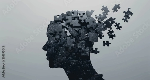 Fototapeta Man's head fragmented into puzzle pieces. The concept of Alzheimer's disease, dementia, memory loss and mental health.