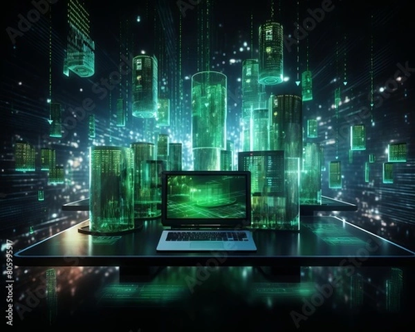 Fototapeta Laptop on a futuristic table. Green glowing digital structures surround it. Binary code flows in the background. The laptop is open.