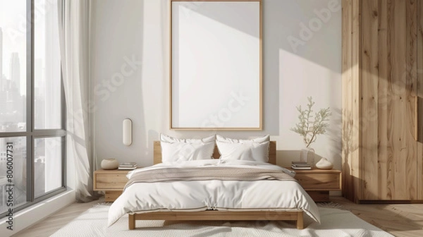 Fototapeta Mockup canvas frame in beige and wooden bedroom, bed with white pillows and linens, front view. Wooden wardrobe and white wall, window with city view, 3D rendering no people