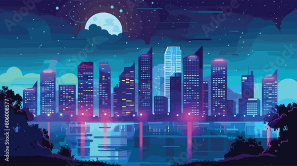 Fototapeta Neon cityscape illustration under night sky full moon. Futuristic skyline glowing windows reflections. Cyberpunk metropolis digital artwork vivid colors