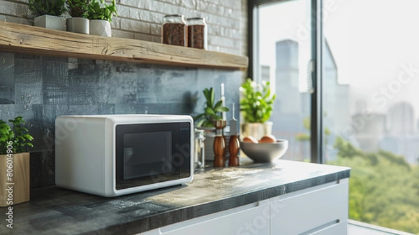 Fototapeta A white microwave sits on a countertop in a kitchen with a view of a city