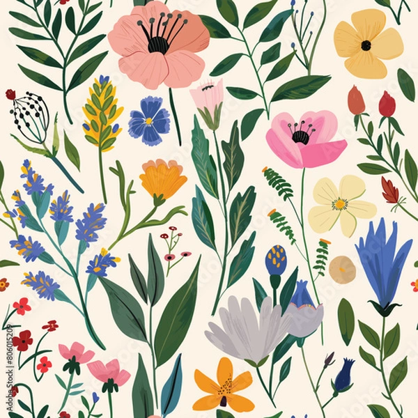 Fototapeta Floral pattern diverse flowers leaves vintage style. Botanical wallpaper garden plants colorful flora. Nature inspired fabric design pastel hues botanical diversity