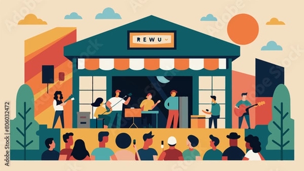 Fototapeta As the day comes to an end the record store hosts a concert featuring upandcoming local bands bringing the celebration to a crescendo. Vector illustration