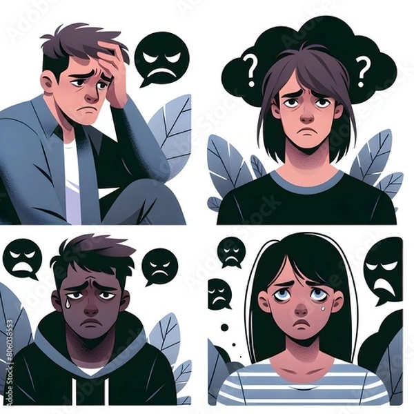 Fototapeta Set of people with mental health problems and depression. Vector illustration in cartoon style