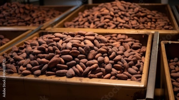 Obraz Large containers of raw cocoa beans at a chocolate factory, ready for grinding and processing