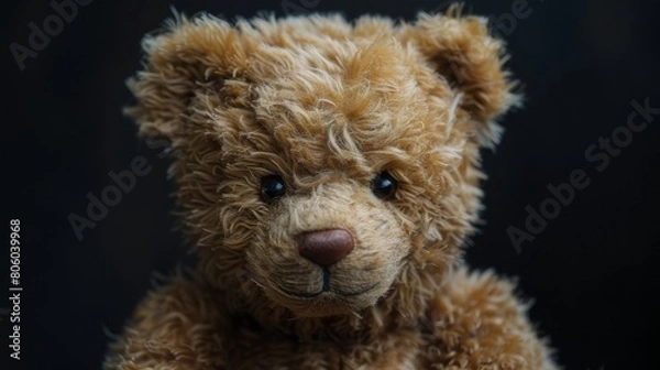 Fototapeta Teddy bear in a sitting position, isolated on a dark background. The bear is brown.