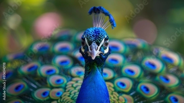 Fototapeta Blue peacock, a large and bright bird, beautiful and patterned wings. Bright feathers.