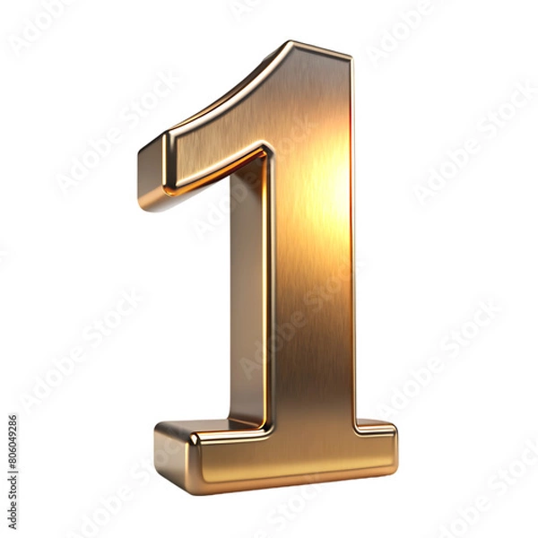 Fototapeta Number 1 on white background. Rose gold 3D rendered number with gloss chrome surface.