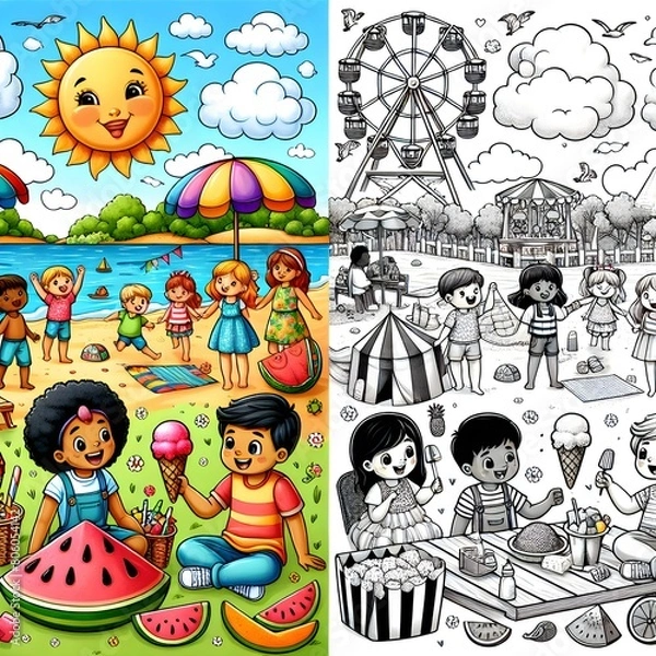 Fototapeta Set of different scenes with kids playing in the park cartoon style illustration