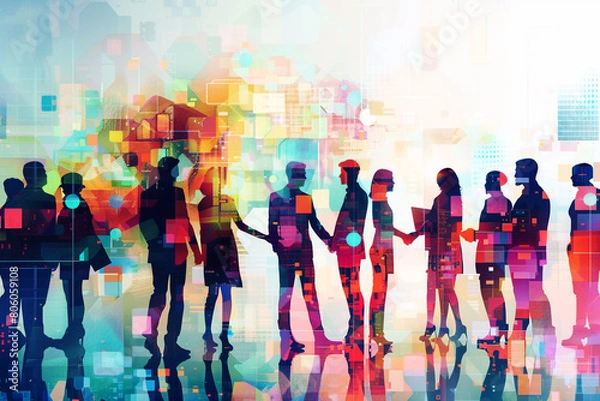 Fototapeta A dynamic visual of a team of individuals from different departments within a company, working together to build relationships with clients and explore new market opportunities.