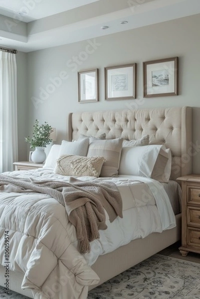 Fototapeta A cozy and inviting master bedroom with a neutral color palette