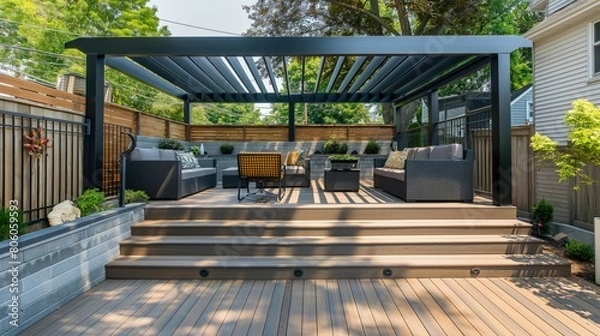 Fototapeta A neatly staged outdoor deck renovation with fresh staining and modern outdoor furniture under a newly installed pergola.