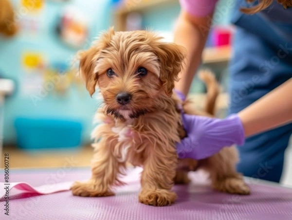 Fototapeta Close-up of a veterinarian examining a puppy