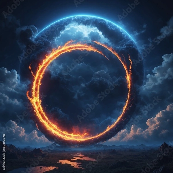 Fototapeta Fiery circle on the background of the night sky. 3d rendering