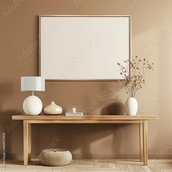 Fototapeta A minimal living room with a large blank picture frame mock up on the wall Japandi style