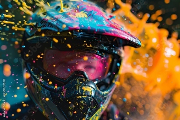 Obraz Close up of person in colorful paintball splattered helmet