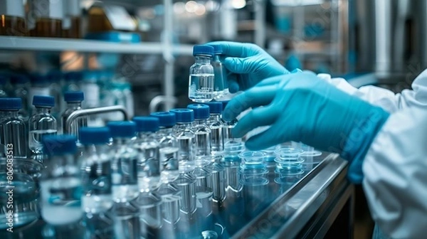 Fototapeta Professional stock photo of a worker in a laboratory setting, hands in gloves handling medical vials, showcasing rigorous quality checks