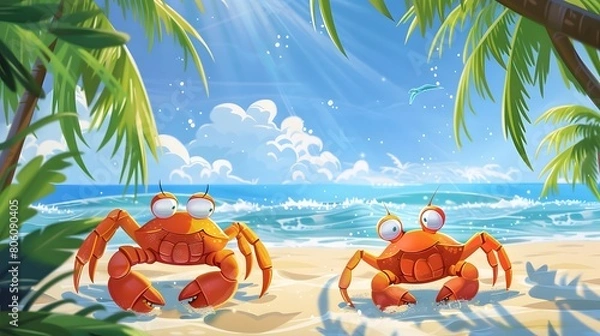 Fototapeta Two crabs on a sunny beach with palm trees