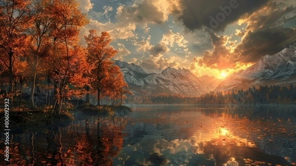 Fototapeta Tranquil Autumn Lake Scenery with Vibrant Foliage and Mountain Backdrop