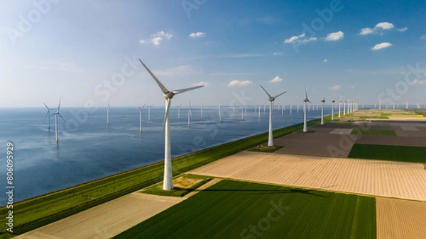 Fototapeta A line of wind turbines gracefully turning in the breeze beside a vast expanse of water, creating a harmonious blend of nature and technology