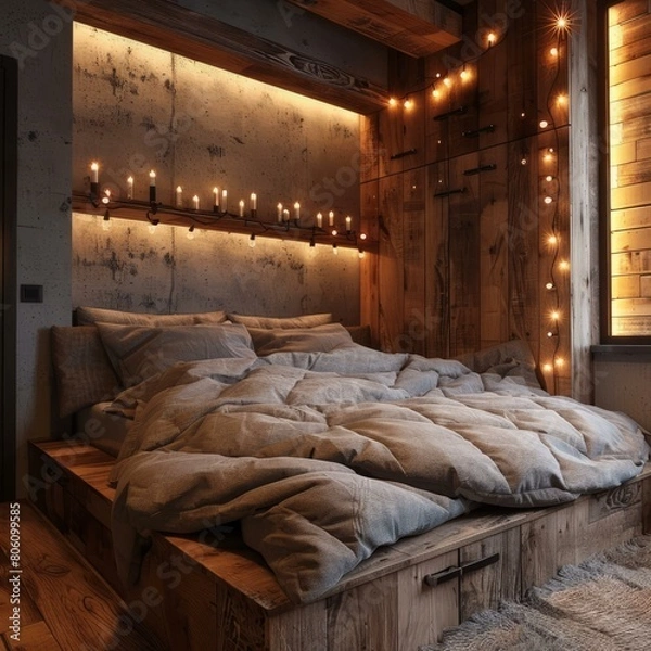 Fototapeta Cozy bedroom with candles and string lights