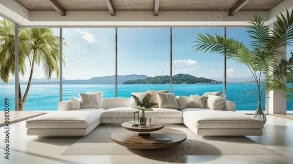 Fototapeta Modern coastal living room interior design with large windows overlooking the ocean