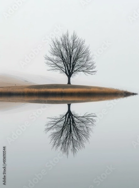 Fototapeta A Tree In The Middle Of A Lake With Its Branches Reflecting In The Water