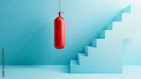 Obraz Large blue room with endless stairs, empty, with one hanging red punching bag