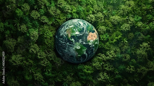 Fototapeta Aerial top view green forest with earth, Green planet in your hands, Save Earth, Texture of forest view from above ecosystem and healthy environment, earth day, Generative Ai 