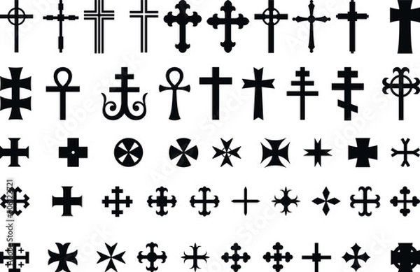 Fototapeta large set of different religious Christian crosses black isolated on white background