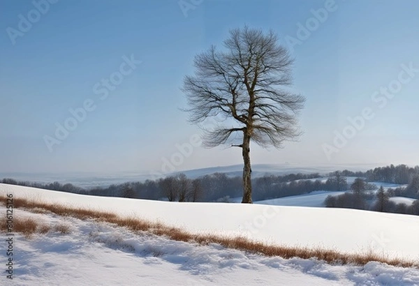 Obraz 雪の積もった平原に立つ一本の枯れ木