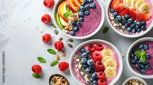 Fototapeta Vibrant smoothie bowls topped with fresh fruits, nuts, and seeds, captured in bright morning light to emphasize a healthy start,