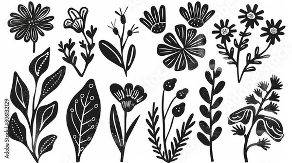 Fototapeta abstract flowers and leaves set . botanical linocut plant and organic elements. Ai generative