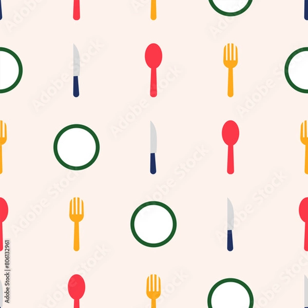 Fototapeta Seamless pattern spoon, fork, plate, and knife with colorful and joyful style