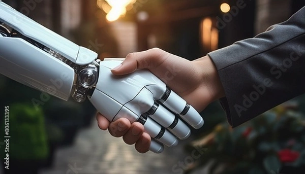 Fototapeta robot and man shake hands, friendship between man and robot