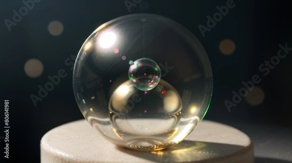 Fototapeta Mystical crystal ball emitting radiant light surrounded by soft bokeh orbs in the night.