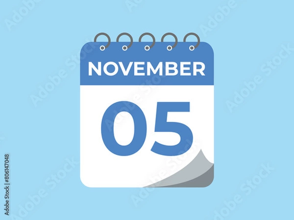 Obraz November  5 calendar reminder. 5 November  daily calendar icon template. Calendar 5 November  icon Design template. Vector illustration
