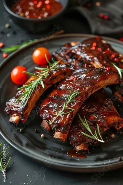 Fototapeta plate of fried ribs with sauce, Generative AI,