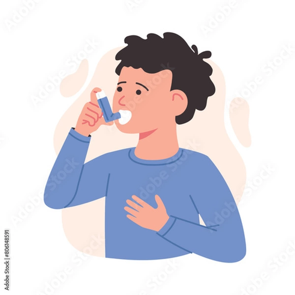 Obraz Boy child using asthma inhaler against allergic attack. Breathing treatment. Little Boy uses an asthma inhaler against attack. World asthma day. Allergy,Bronchial asthma kids.Vector illustration