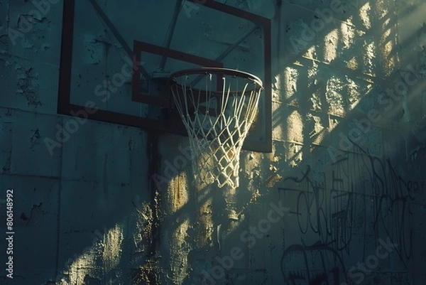 Fototapeta Basketball with light coming through the hoops, in the style of punk rock aesthetic, dark and intricate, nocturne, Generative Ai 