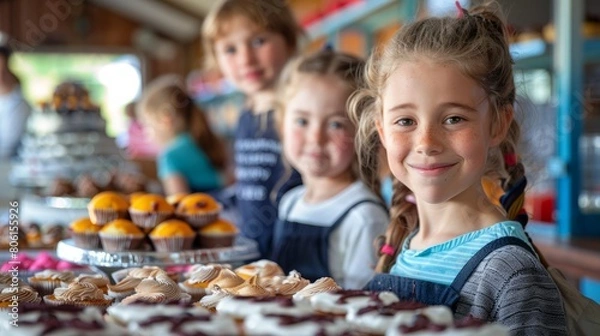 Fototapeta A group of children are smiling and posing in front of a table full of cupcakes. Scene is happy and cheerful, as the children seem to be enjoying themselves and the treats